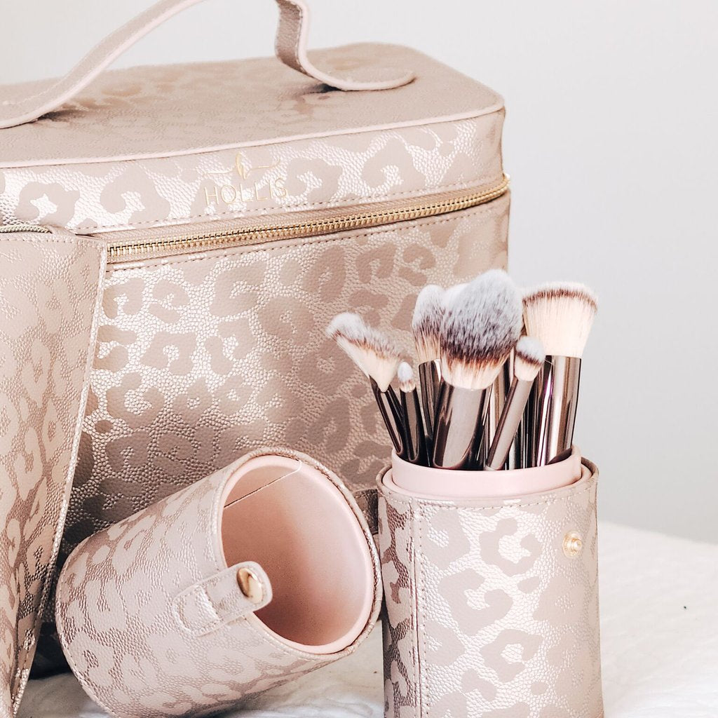 Hollis Leopard Deluxe Makeup Bag and Brush Holder Set