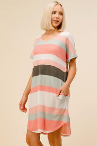 Lavish Slumbers Peachy Keen Ribbed Striped Lounge Dress W/ Pockets 